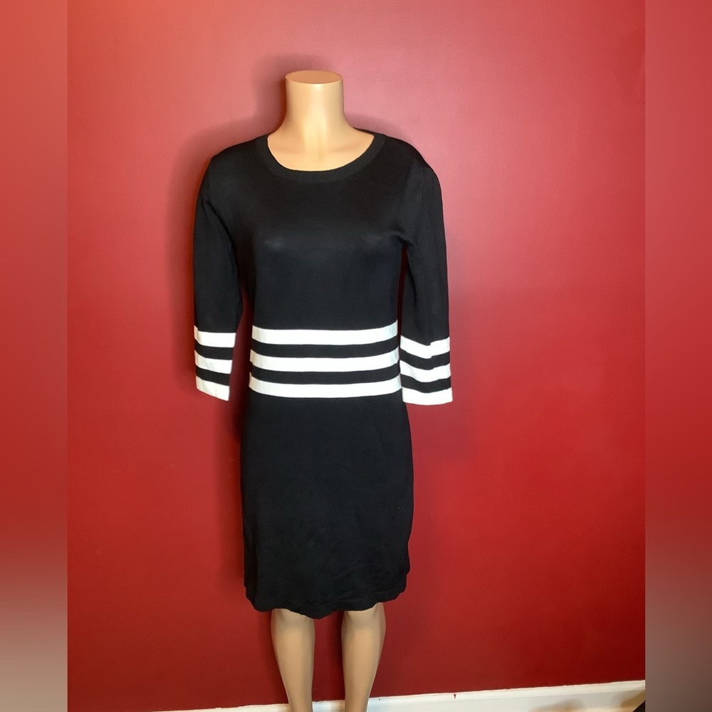 Black sweater dress with white stripes